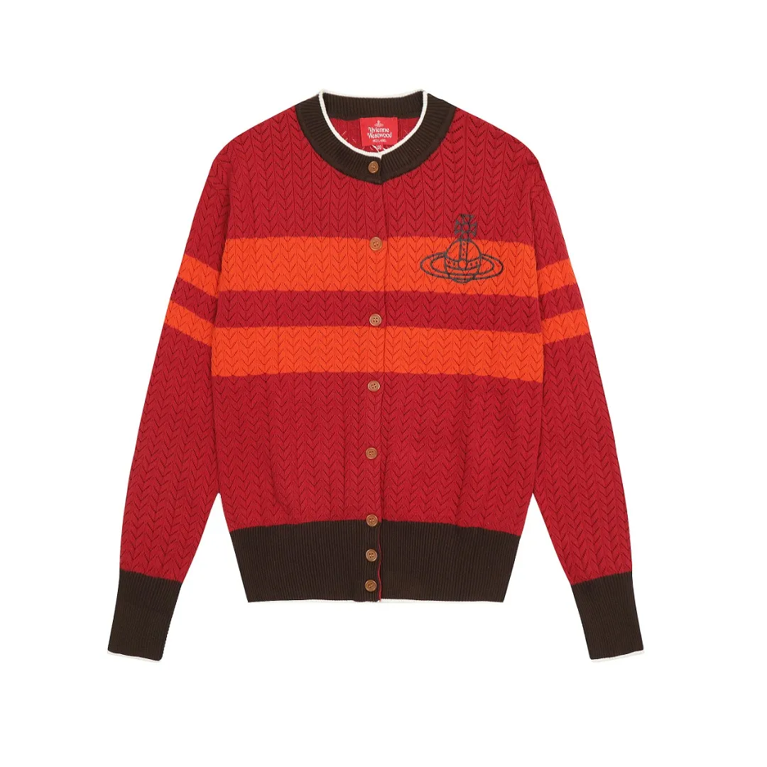 VIVI118 vivienne west wood Vivienne Contrasting Japanese style high-end Korean style cardigan knitted sweater wool 2024 autumn latest style simple contrasting color fashionable high-end wear Size: S -M- L Color: red black